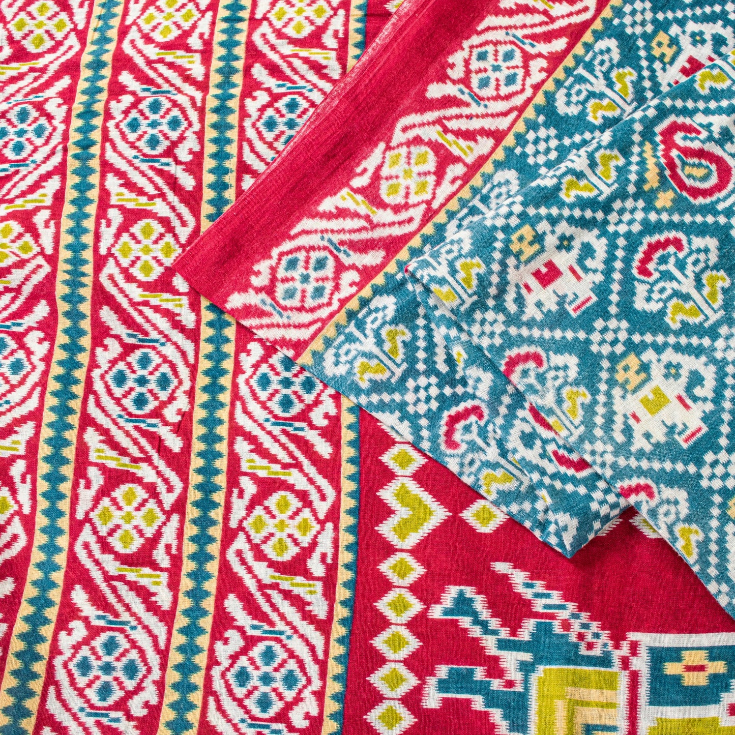 Sanskriti Vintage Blue-Red Pure Cotton Saree Patan Patola Ikat Printed Sari 5+YD