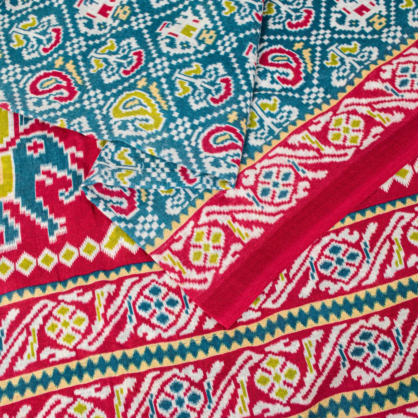 Sanskriti Vintage Blue-Red Pure Cotton Saree Patan Patola Ikat Printed Sari 5+YD