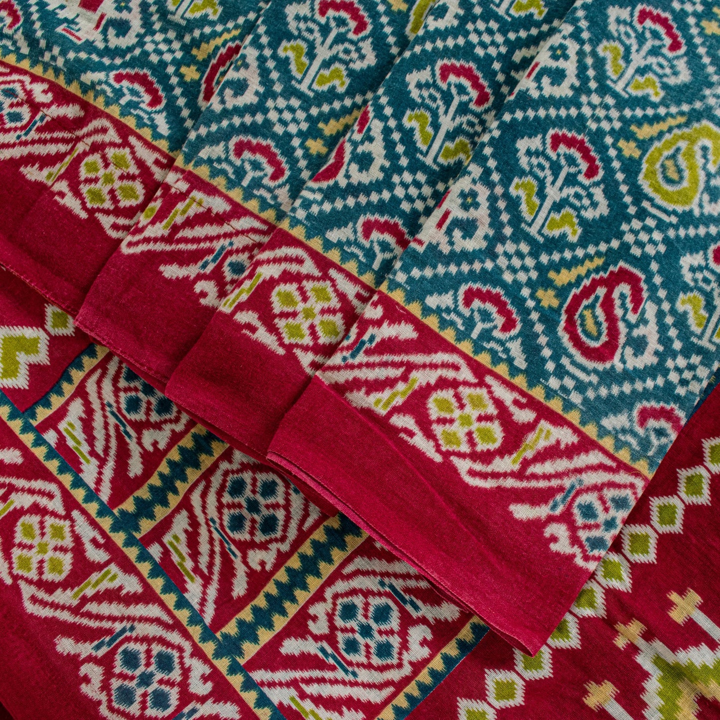 Sanskriti Vintage Blue-Red Pure Cotton Saree Patan Patola Ikat Printed Sari 5+YD
