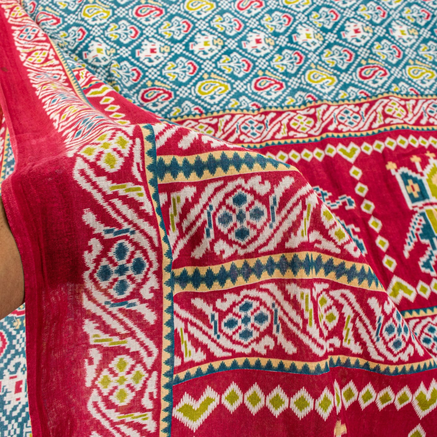 Sanskriti Vintage Blue-Red Pure Cotton Saree Patan Patola Ikat Printed Sari 5+YD
