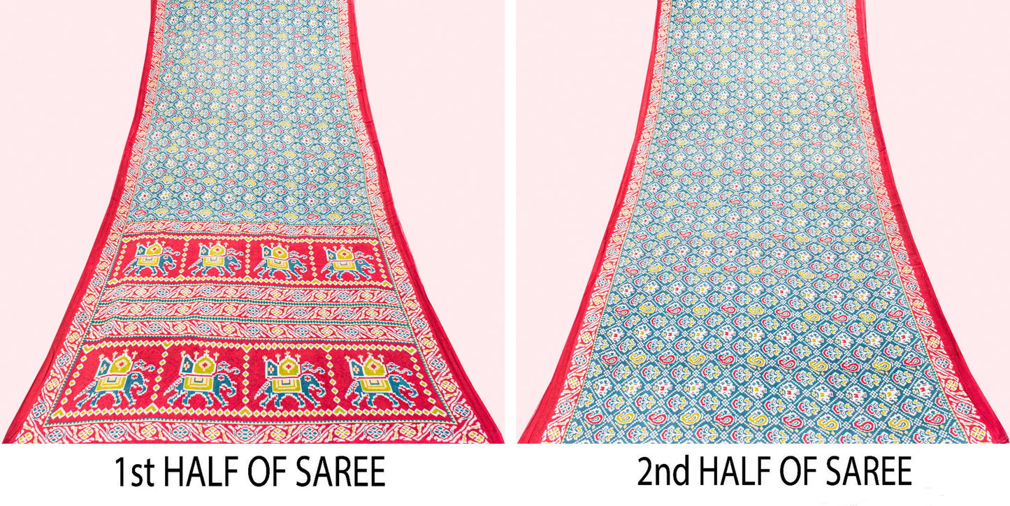Sanskriti Vintage Blue-Red Pure Cotton Saree Patan Patola Ikat Printed Sari 5+YD