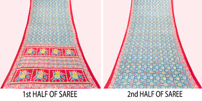 Sanskriti Vintage Blue-Red Pure Cotton Saree Patan Patola Ikat Printed Sari 5+YD