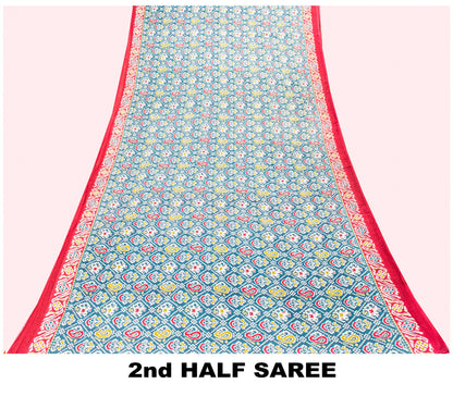 Sanskriti Vintage Blue-Red Pure Cotton Saree Patan Patola Ikat Printed Sari 5+YD
