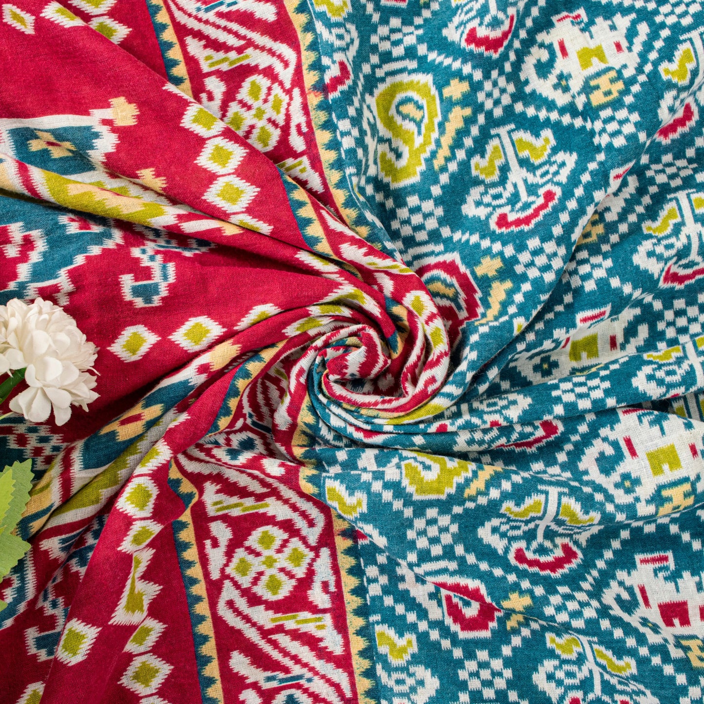 Sanskriti Vintage Blue-Red Pure Cotton Saree Patan Patola Ikat Printed Sari 5+YD
