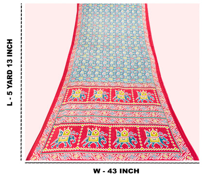 Sanskriti Vintage Blue-Red Pure Cotton Saree Patan Patola Ikat Printed Sari 5+YD