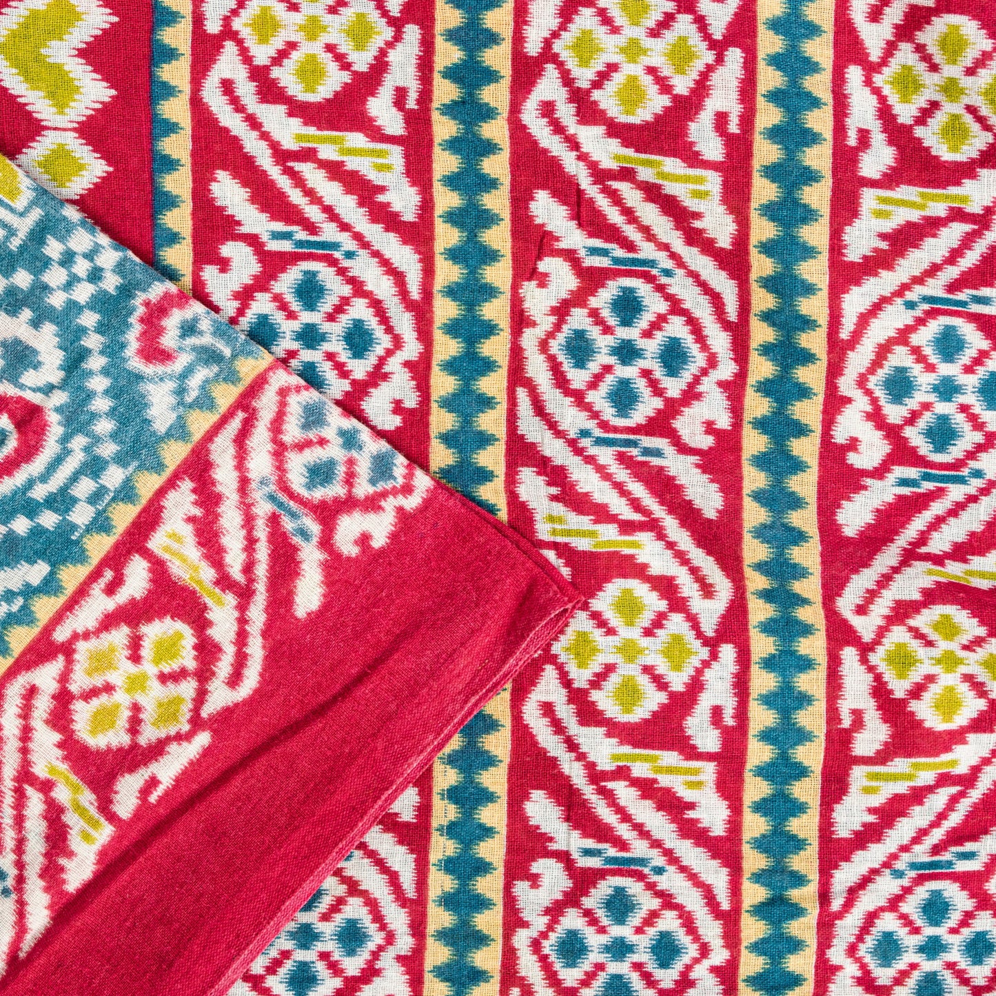 Sanskriti Vintage Blue-Red Pure Cotton Saree Patan Patola Ikat Printed Sari 5+YD