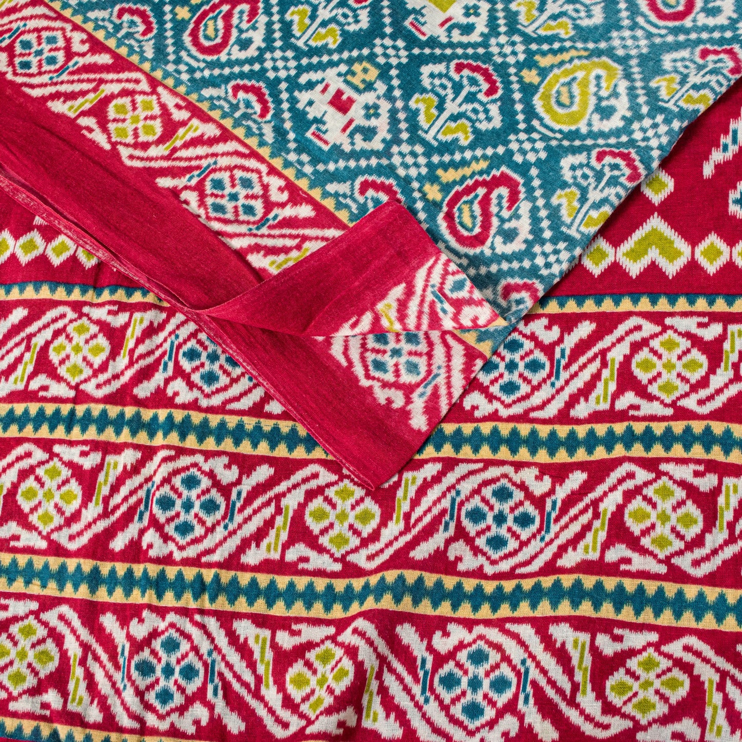Sanskriti Vintage Blue-Red Pure Cotton Saree Patan Patola Ikat Printed Sari 5+YD