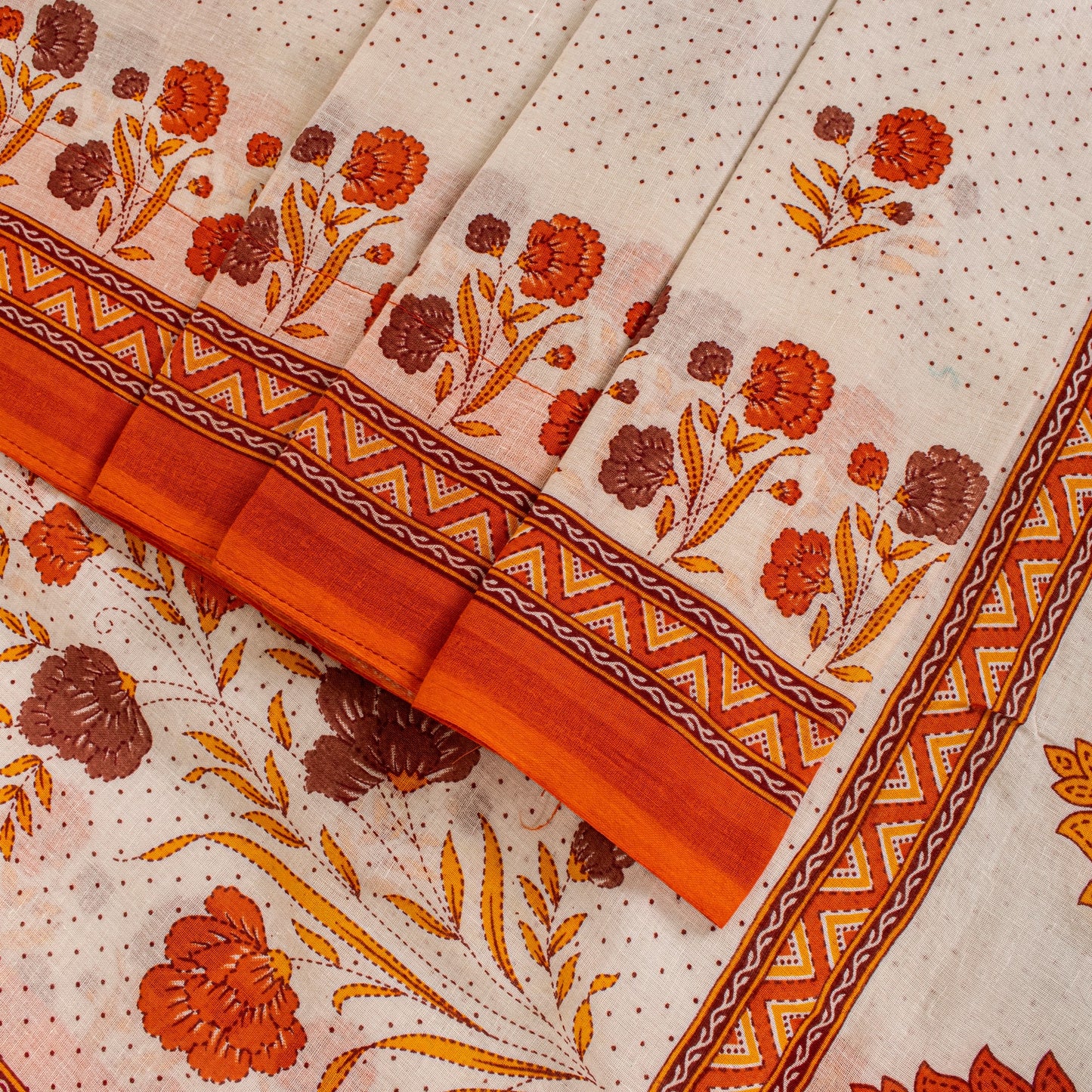 Sanskriti Vintage White-Orange Pure Cotton Saree Kantha Digital Print Sari 5.5YD