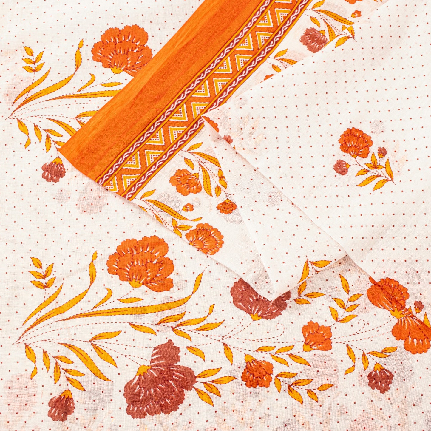 Sanskriti Vintage White-Orange Pure Cotton Saree Kantha Digital Print Sari 5.5YD