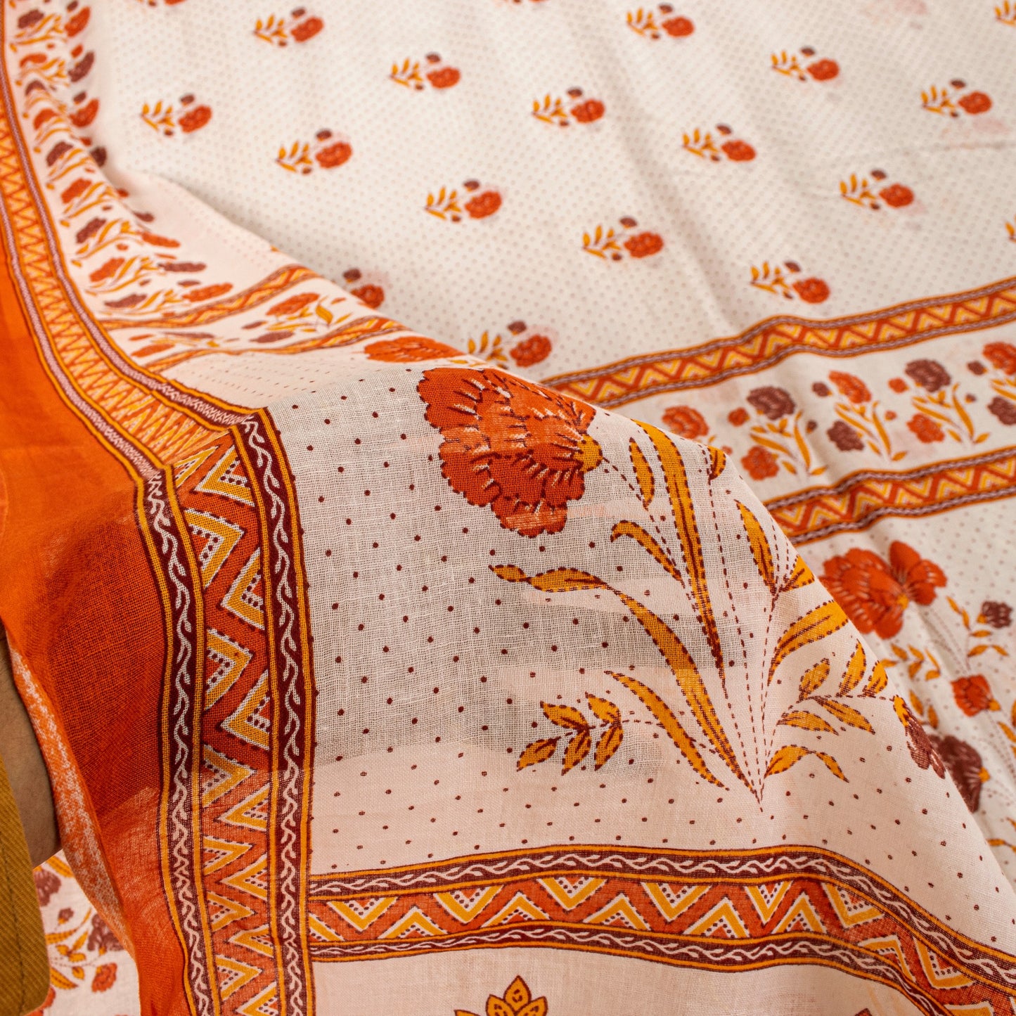 Sanskriti Vintage White-Orange Pure Cotton Saree Kantha Digital Print Sari 5.5YD