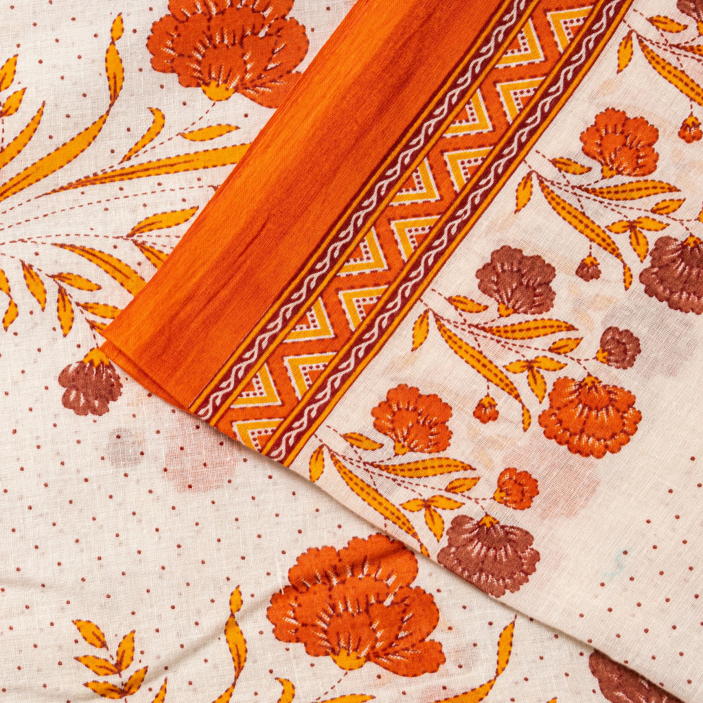 Sanskriti Vintage White-Orange Pure Cotton Saree Kantha Digital Print Sari 5.5YD