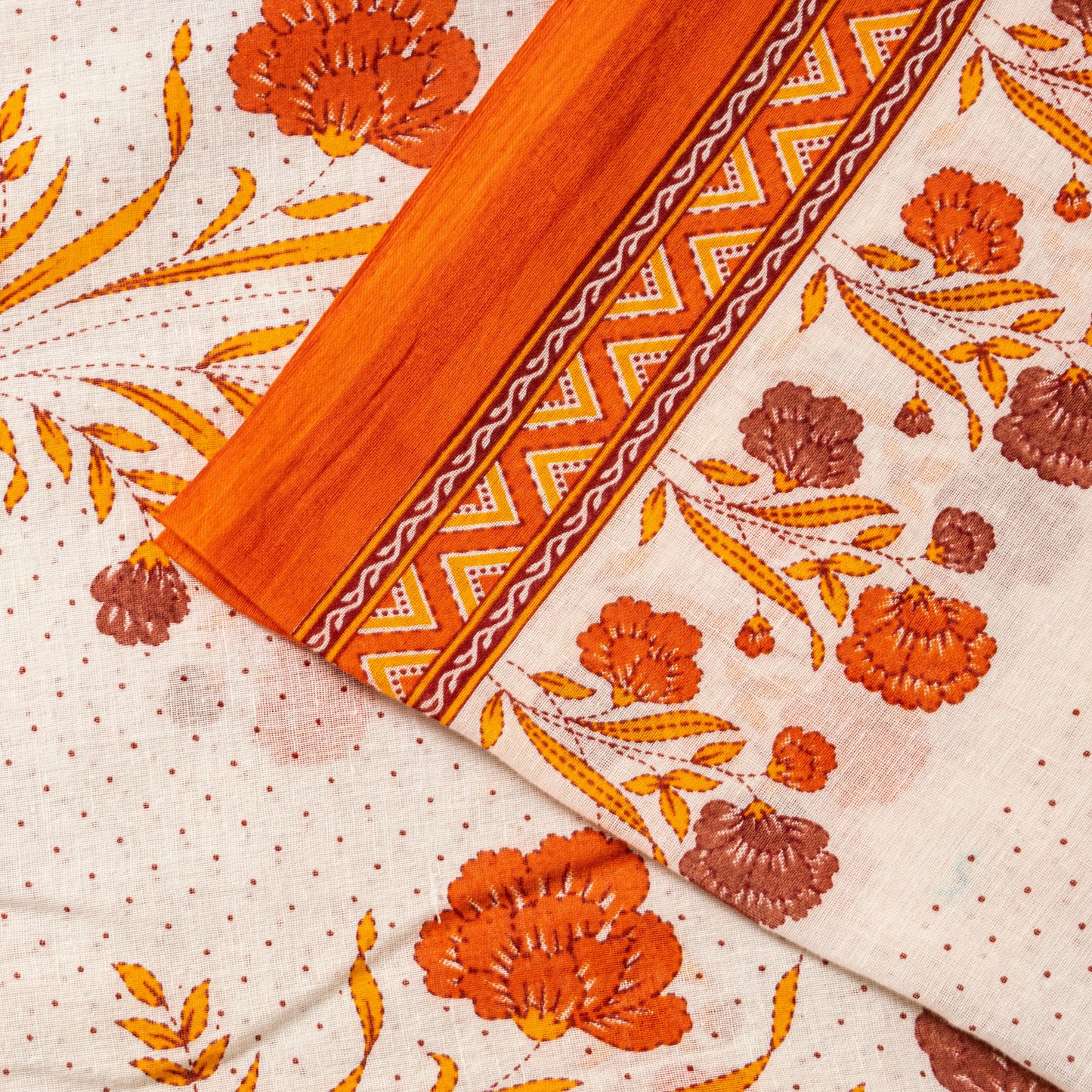 Sanskriti Vintage White-Orange Pure Cotton Saree Kantha Digital Print Sari 5.5YD