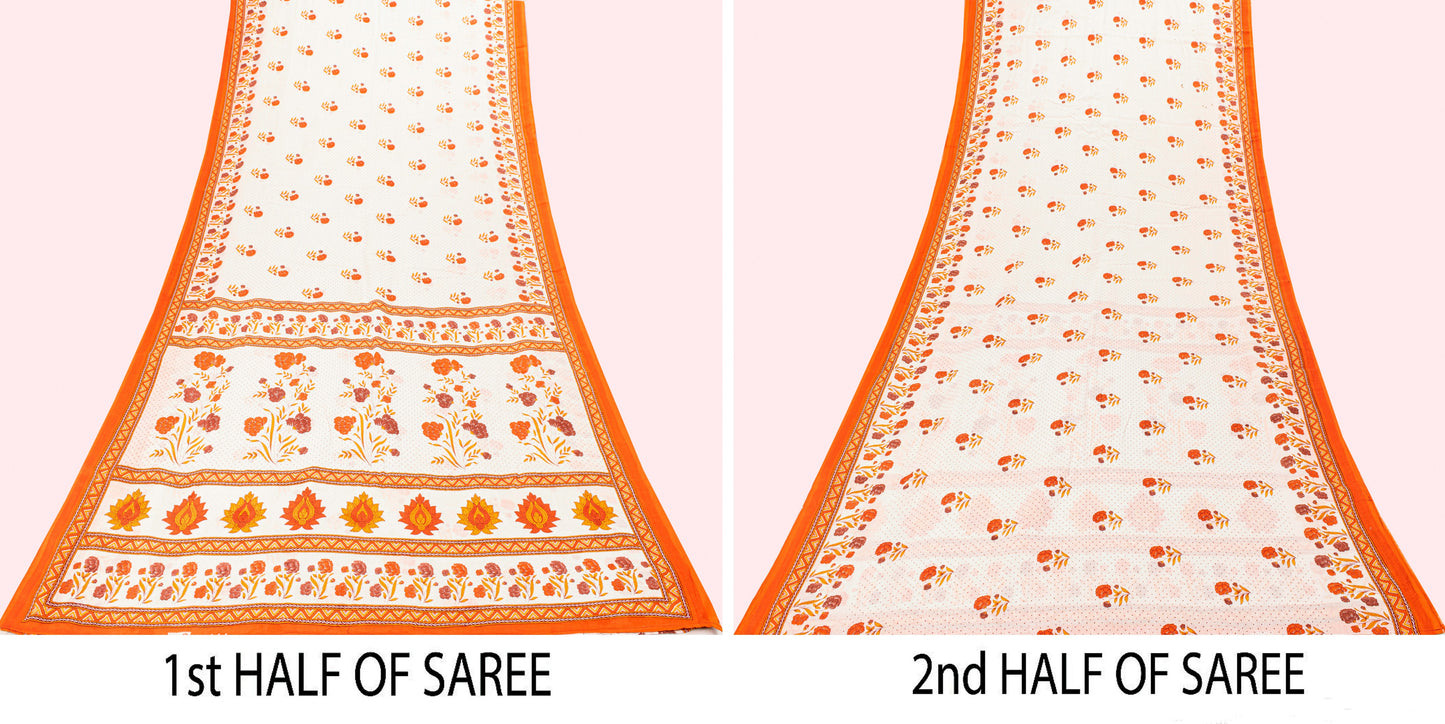 Sanskriti Vintage White-Orange Pure Cotton Saree Kantha Digital Print Sari 5.5YD