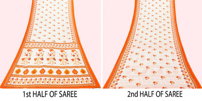 Sanskriti Vintage White-Orange Pure Cotton Saree Kantha Digital Print Sari 5.5YD