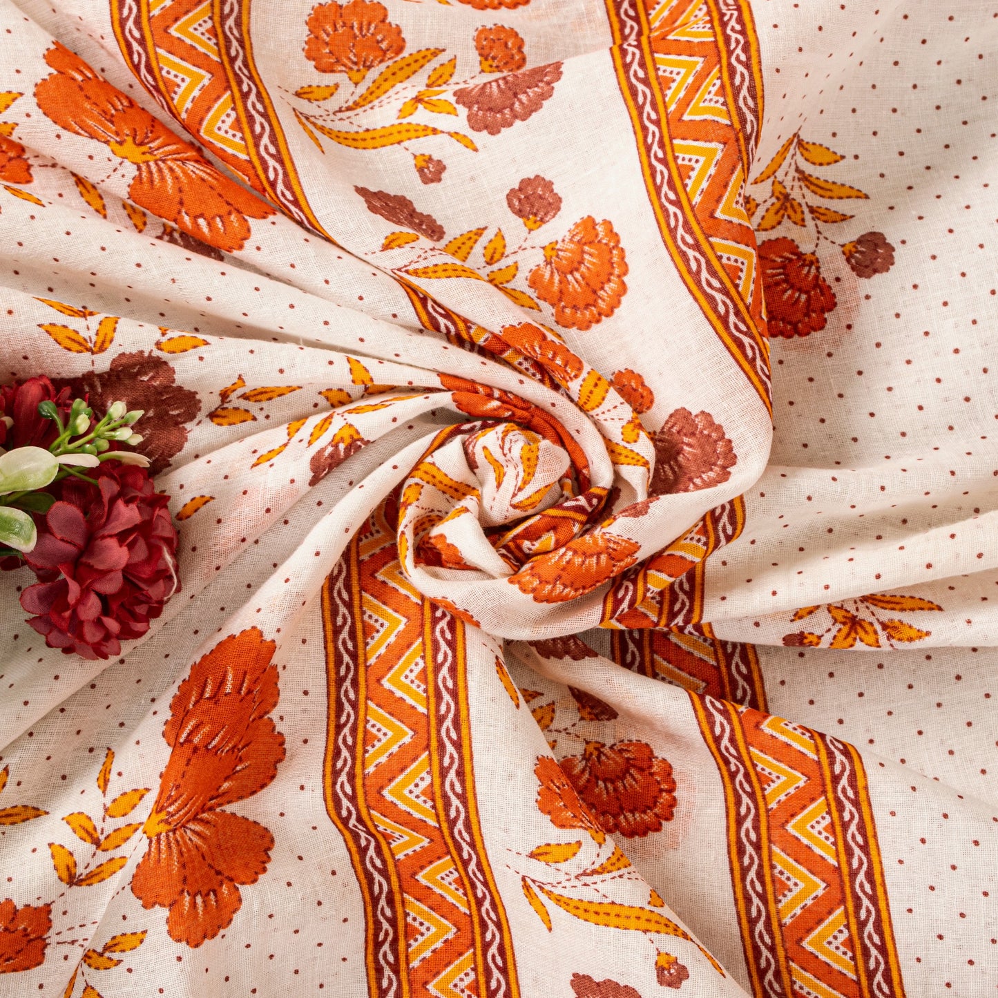 Sanskriti Vintage White-Orange Pure Cotton Saree Kantha Digital Print Sari 5.5YD