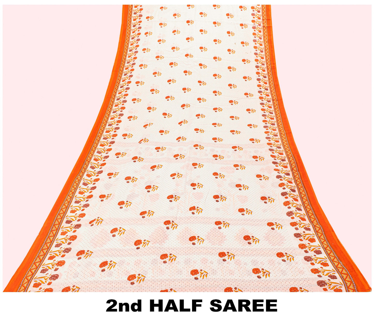 Sanskriti Vintage White-Orange Pure Cotton Saree Kantha Digital Print Sari 5.5YD