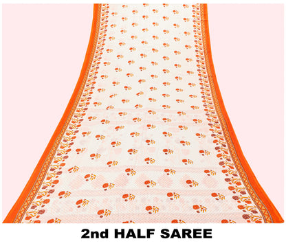 Sanskriti Vintage White-Orange Pure Cotton Saree Kantha Digital Print Sari 5.5YD