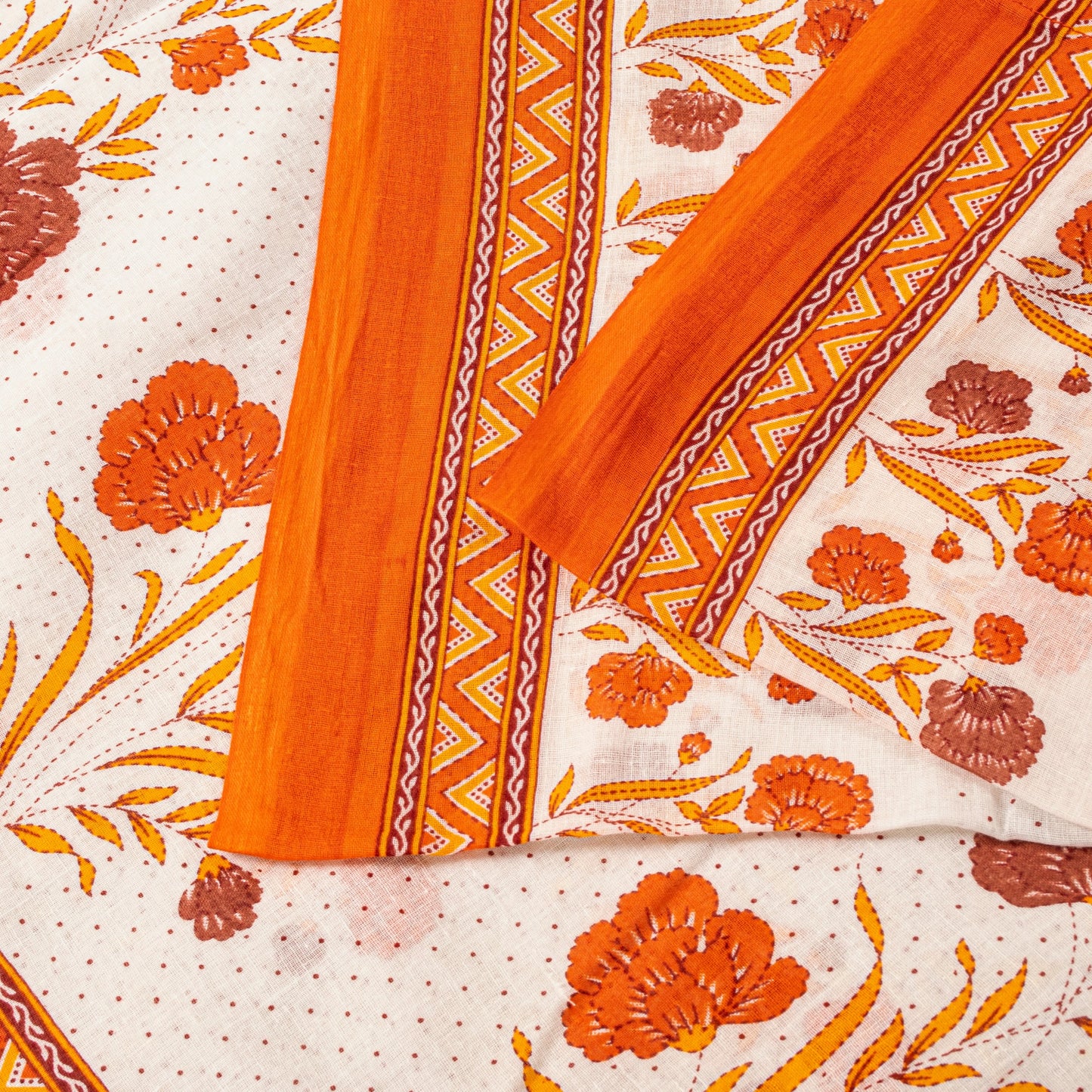 Sanskriti Vintage White-Orange Pure Cotton Saree Kantha Digital Print Sari 5.5YD