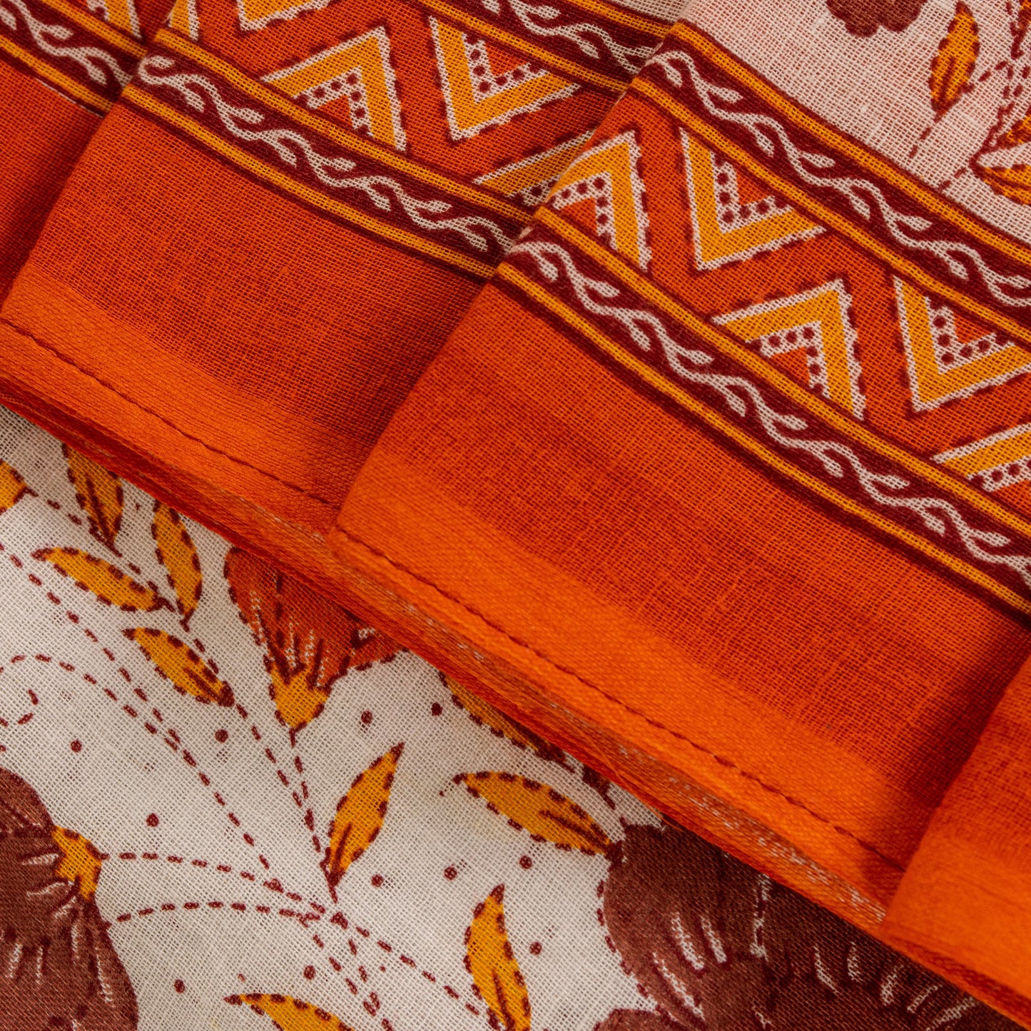 Sanskriti Vintage White-Orange Pure Cotton Saree Kantha Digital Print Sari 5.5YD