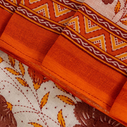 Sanskriti Vintage White-Orange Pure Cotton Saree Kantha Digital Print Sari 5.5YD