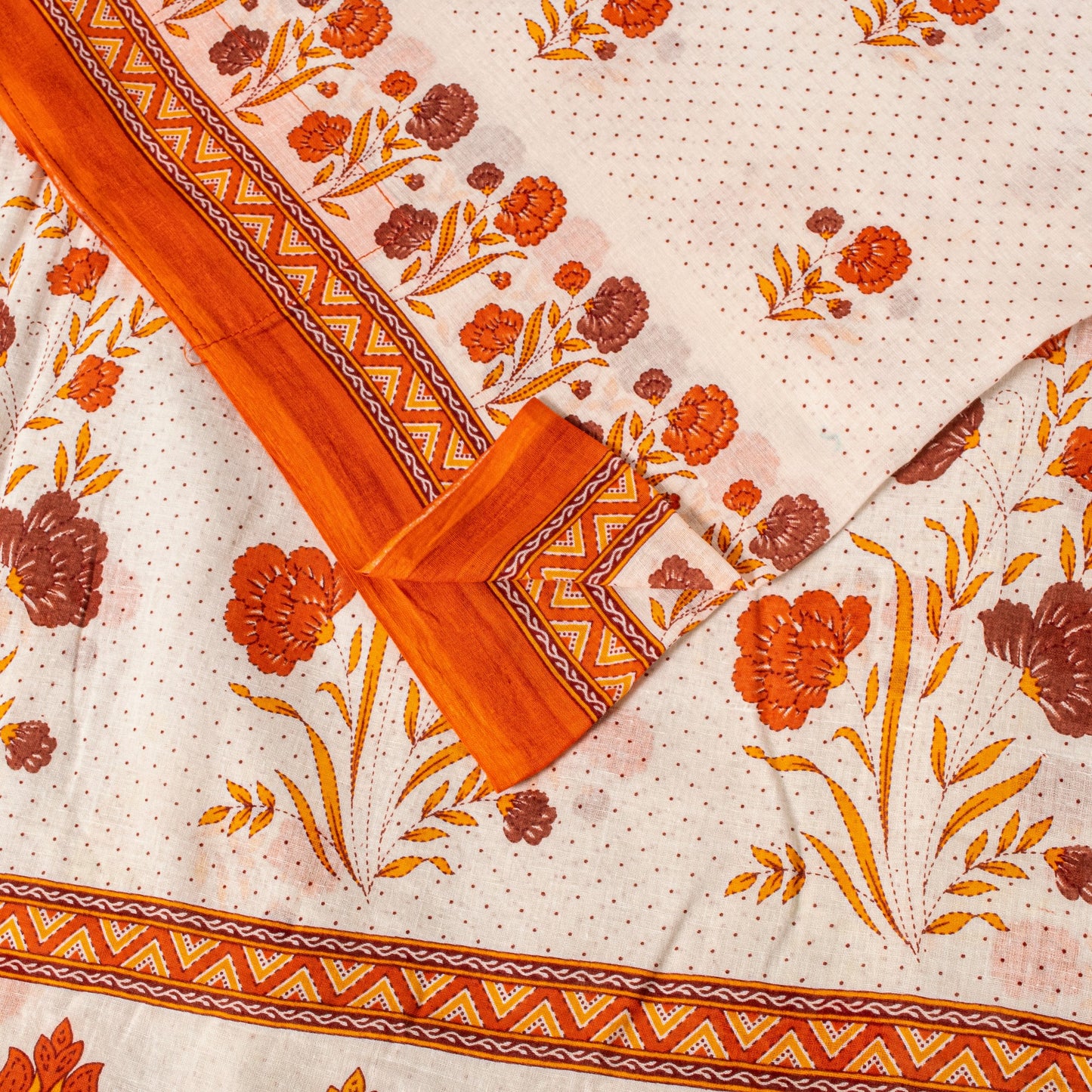 Sanskriti Vintage White-Orange Pure Cotton Saree Kantha Digital Print Sari 5.5YD