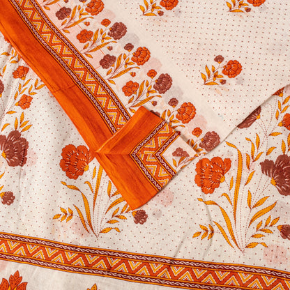 Sanskriti Vintage White-Orange Pure Cotton Saree Kantha Digital Print Sari 5.5YD