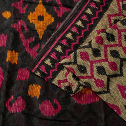 Sanskriti Vintage Gray-Black Pure Cotton Saree PatanPatola Ikat Print Sari 5.5YD