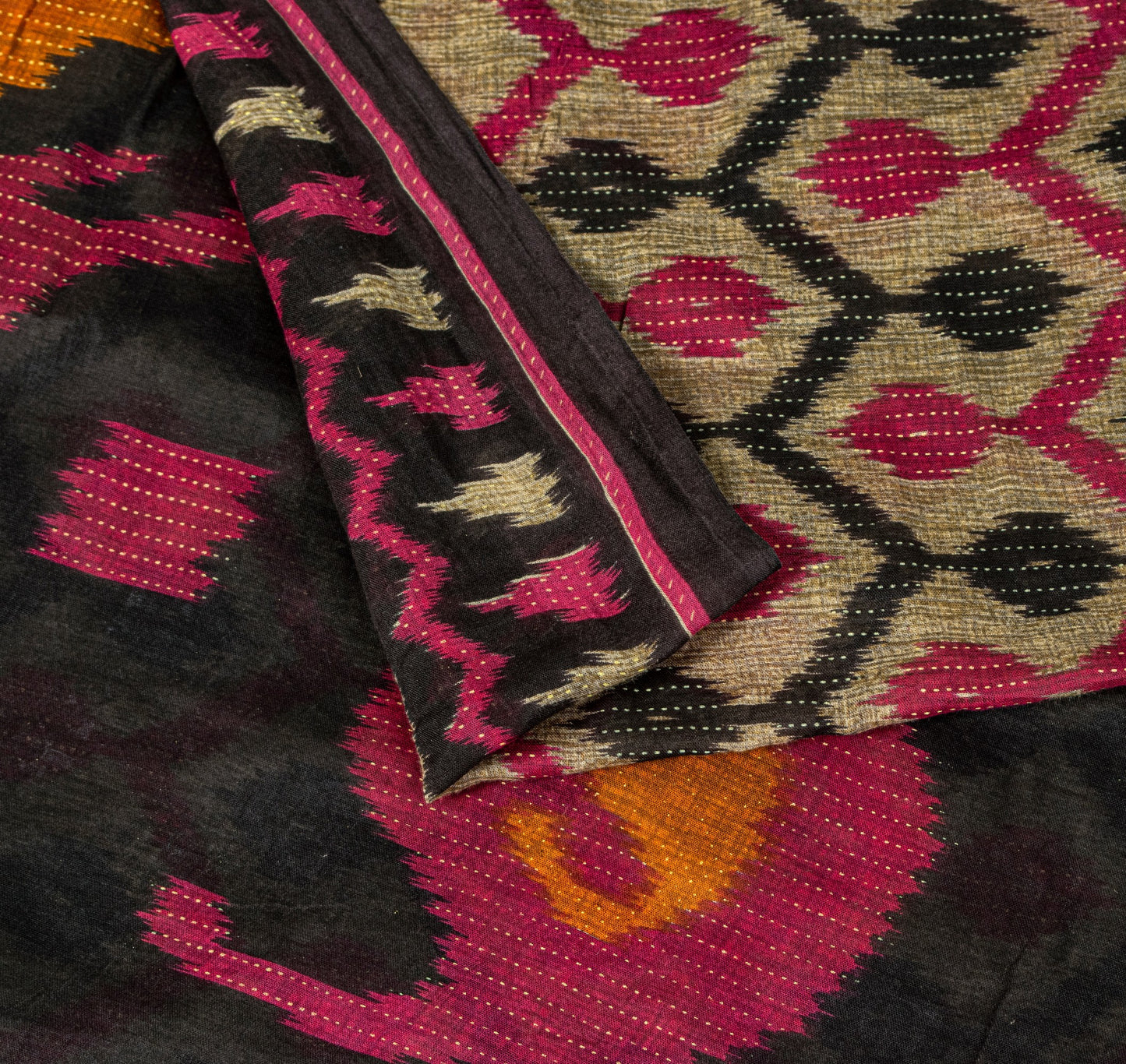 Sanskriti Vintage Gray-Black Pure Cotton Saree PatanPatola Ikat Print Sari 5.5YD