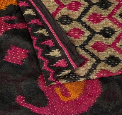 Sanskriti Vintage Gray-Black Pure Cotton Saree PatanPatola Ikat Print Sari 5.5YD