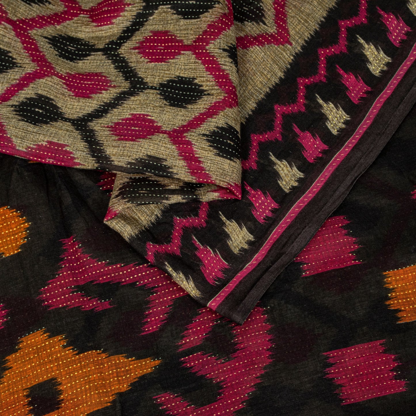 Sanskriti Vintage Gray-Black Pure Cotton Saree PatanPatola Ikat Print Sari 5.5YD