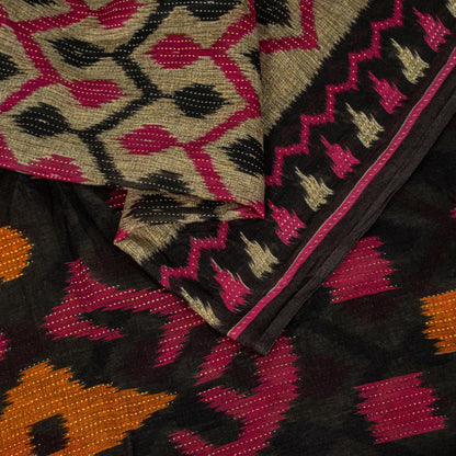 Sanskriti Vintage Gray-Black Pure Cotton Saree PatanPatola Ikat Print Sari 5.5YD