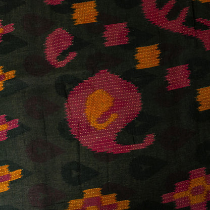 Sanskriti Vintage Gray-Black Pure Cotton Saree PatanPatola Ikat Print Sari 5.5YD