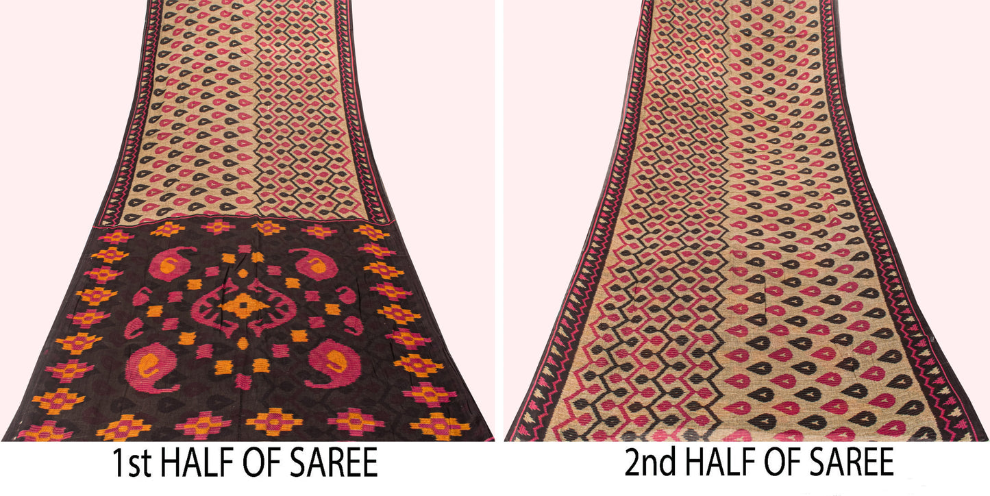 Sanskriti Vintage Gray-Black Pure Cotton Saree PatanPatola Ikat Print Sari 5.5YD