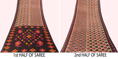 Sanskriti Vintage Gray-Black Pure Cotton Saree PatanPatola Ikat Print Sari 5.5YD