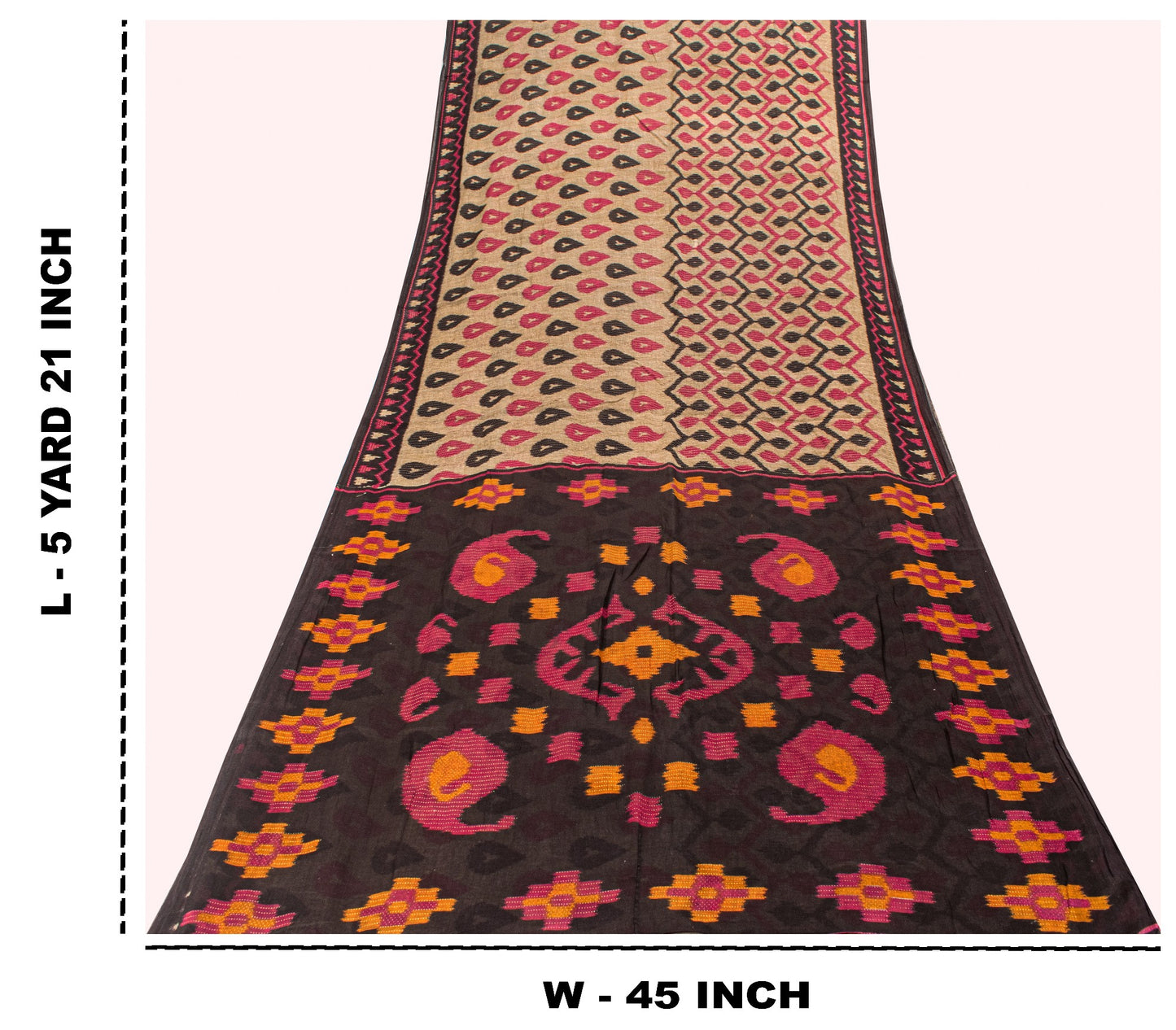 Sanskriti Vintage Gray-Black Pure Cotton Saree PatanPatola Ikat Print Sari 5.5YD