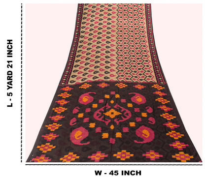 Sanskriti Vintage Gray-Black Pure Cotton Saree PatanPatola Ikat Print Sari 5.5YD
