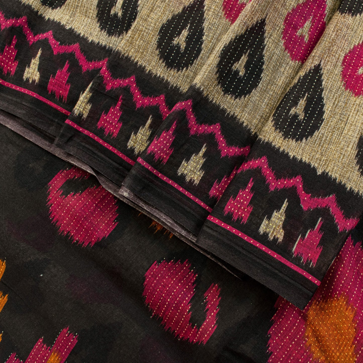 Sanskriti Vintage Gray-Black Pure Cotton Saree PatanPatola Ikat Print Sari 5.5YD