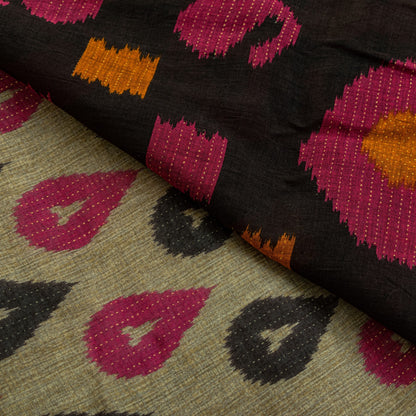Sanskriti Vintage Gray-Black Pure Cotton Saree PatanPatola Ikat Print Sari 5.5YD