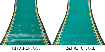 Sanskriti Vintage Green100% Pure Cotton Saree Tant Hand Woven Bengali Sari 5.5YD