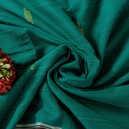 Sanskriti Vintage Green100% Pure Cotton Saree Tant Hand Woven Bengali Sari 5.5YD