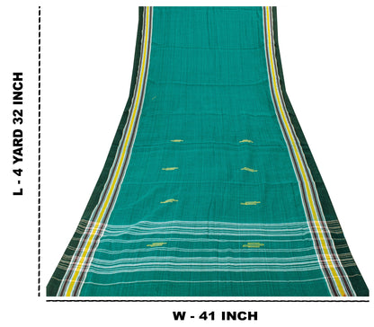 Sanskriti Vintage Green100% Pure Cotton Saree Tant Hand Woven Bengali Sari 5.5YD