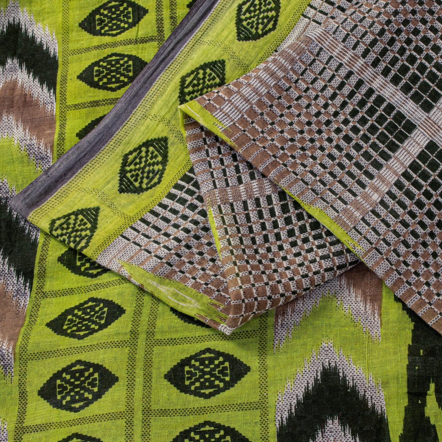Sanskriti Vintage Green-Brown Pure Cotton Saree Geometric Ikat Print 5.5YDCraft
