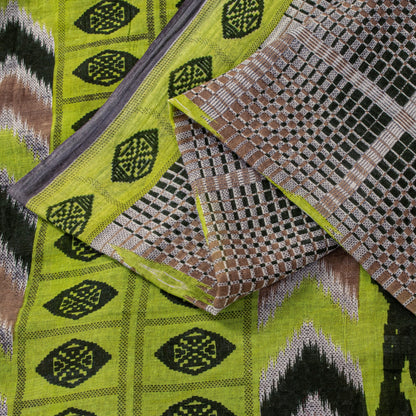 Sanskriti Vintage Green-Brown Pure Cotton Saree Geometric Ikat Print 5.5YDCraft