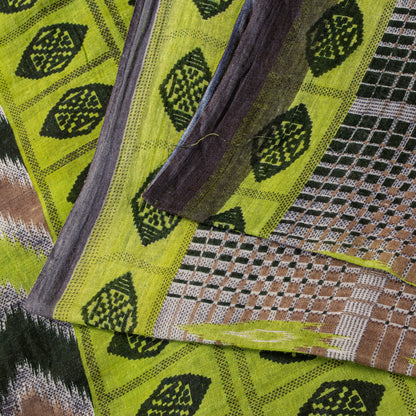 Sanskriti Vintage Green-Brown Pure Cotton Saree Geometric Ikat Print 5.5YDCraft