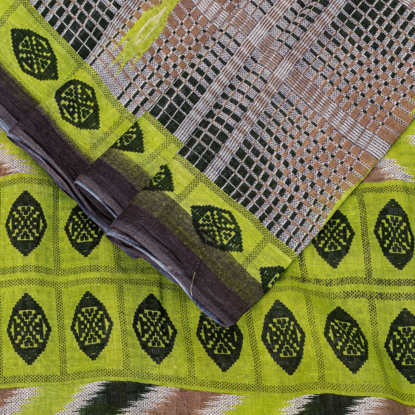 Sanskriti Vintage Green-Brown Pure Cotton Saree Geometric Ikat Print 5.5YDCraft