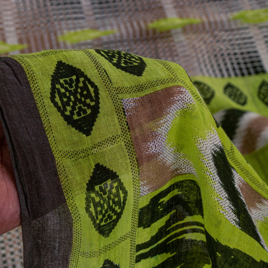 Sanskriti Vintage Green-Brown Pure Cotton Saree Geometric Ikat Print 5.5YDCraft