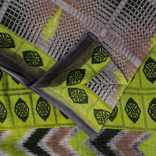 Sanskriti Vintage Green-Brown Pure Cotton Saree Geometric Ikat Print 5.5YDCraft