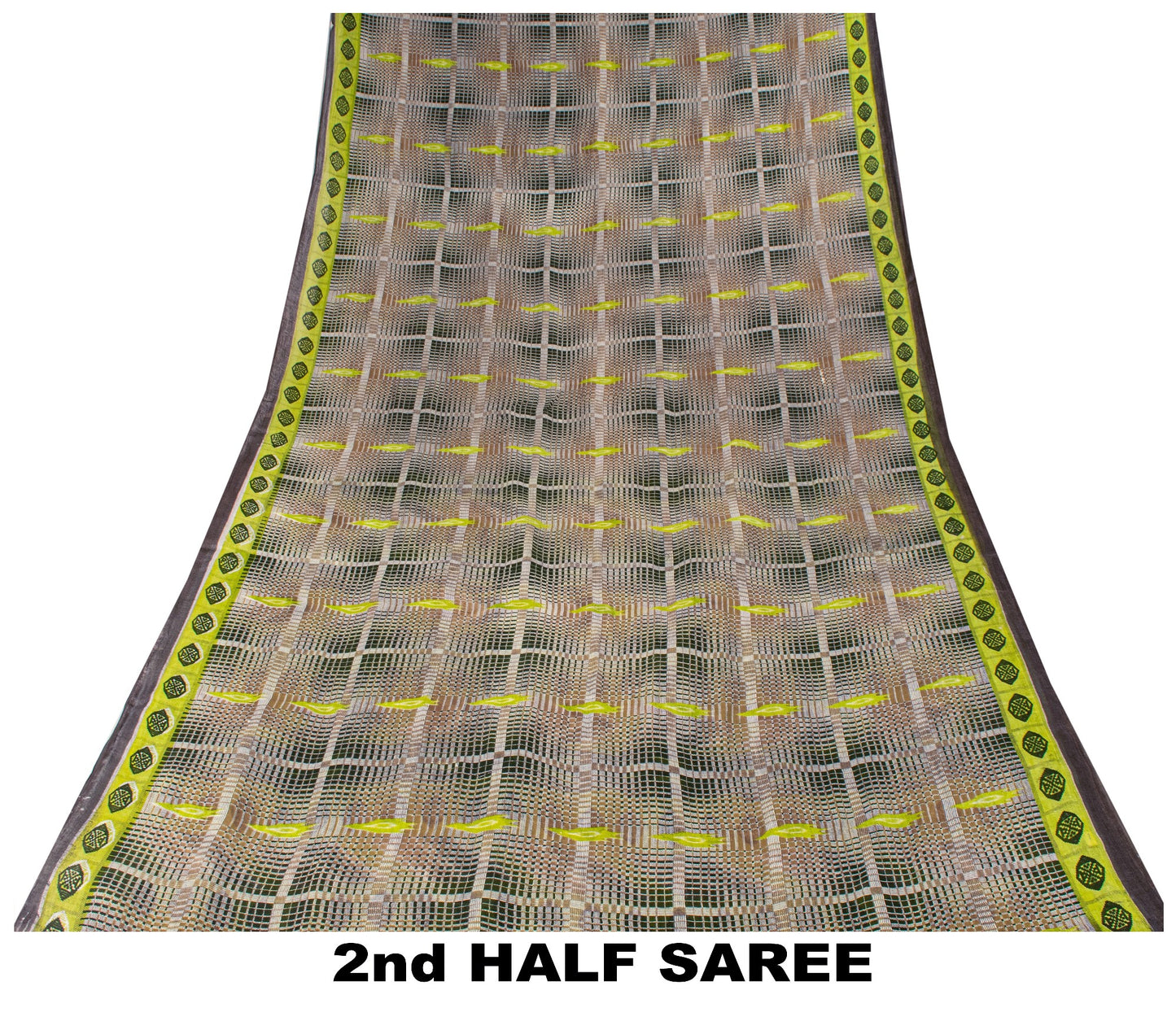 Sanskriti Vintage Green-Brown Pure Cotton Saree Geometric Ikat Print 5.5YDCraft