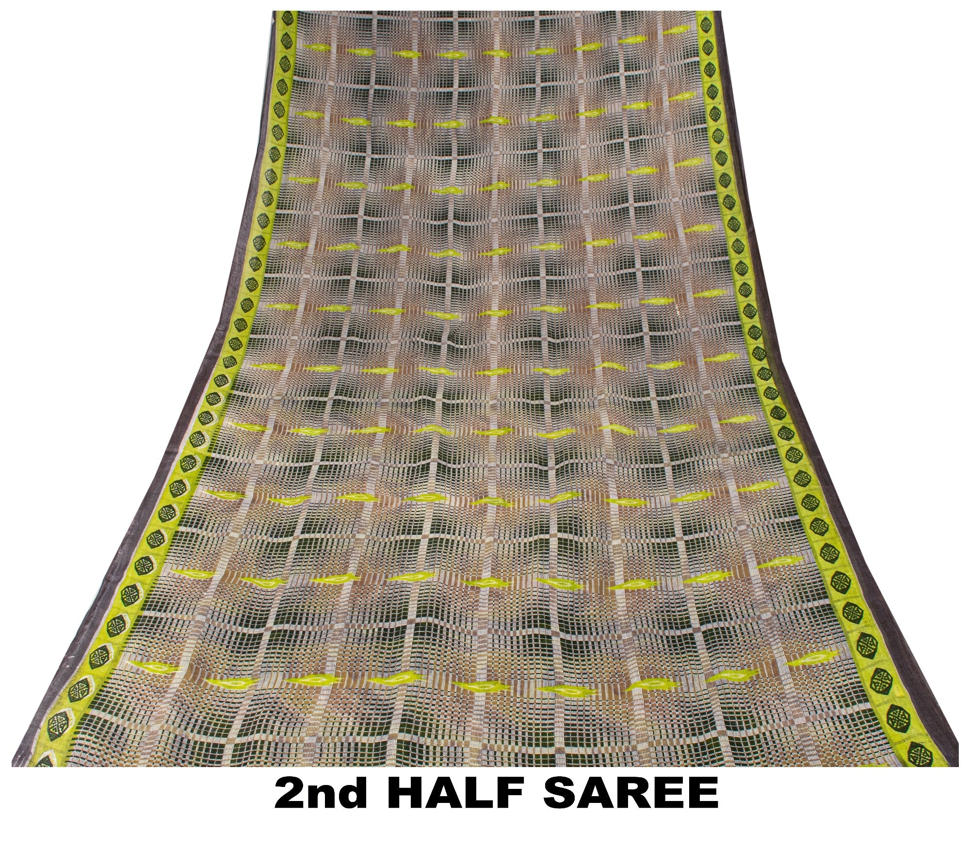 Sanskriti Vintage Green-Brown Pure Cotton Saree Geometric Ikat Print 5.5YDCraft