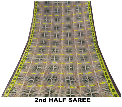 Sanskriti Vintage Green-Brown Pure Cotton Saree Geometric Ikat Print 5.5YDCraft